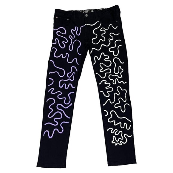 Custom Painted Haring Design Black Denim Streetwear Art Jeans - Mens 36 x 31 - Picture 1 of 6